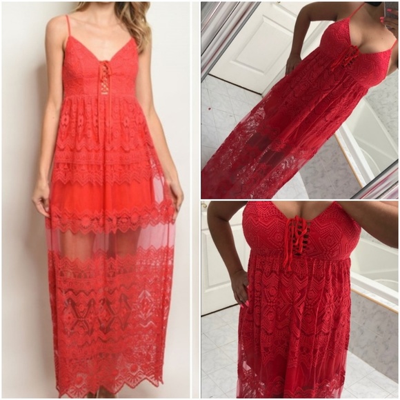 GIRLY & FLIRTY RED LACE DRESS - Picture 1 of 8